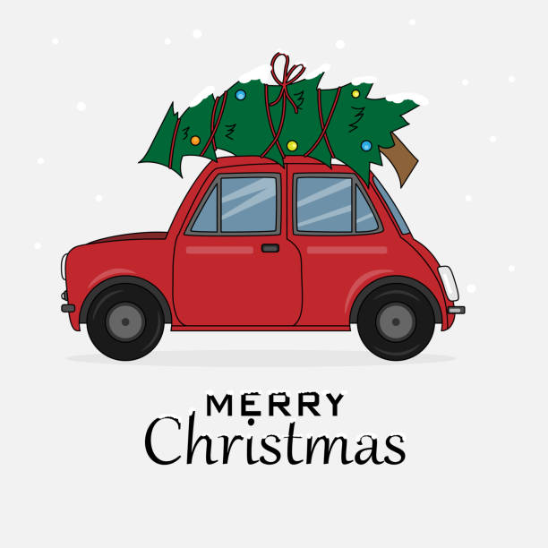 istock Merry Christmas card. Car carrying christmas tree. 1274134189