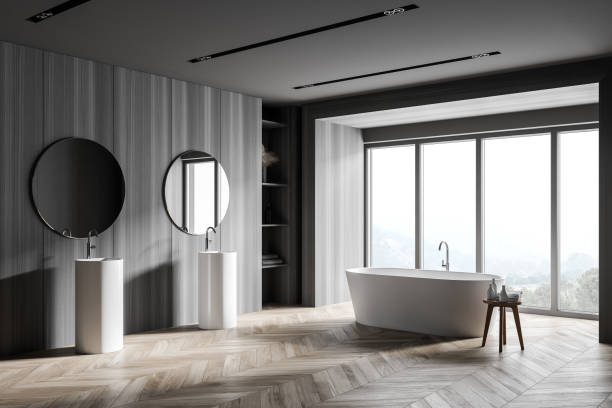 istock Grey and wooden bathroom interior 1274138569