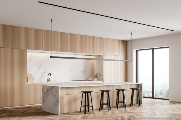 istock Wooden and marble kitchen corner with bar 1274143665