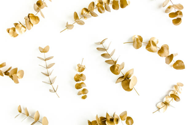 istock Pattern made of gold branches, eucalyptus leaves on a white background. flat layout, top view 1274153244