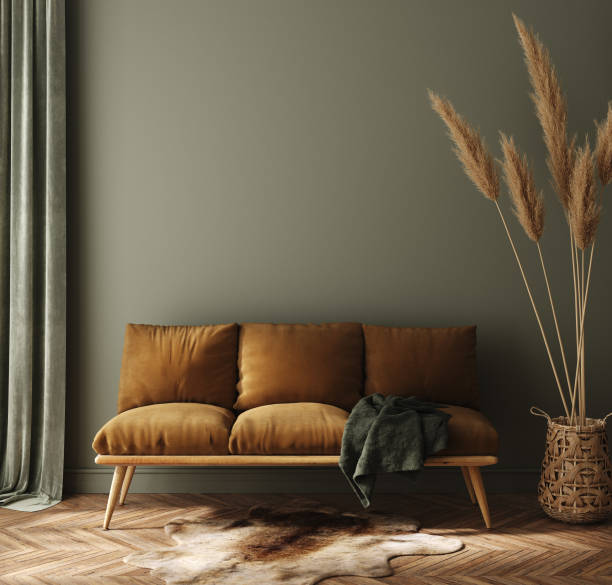 istock Modern dark green home interior with brown couch and pampas in wicker basket 1274163116
