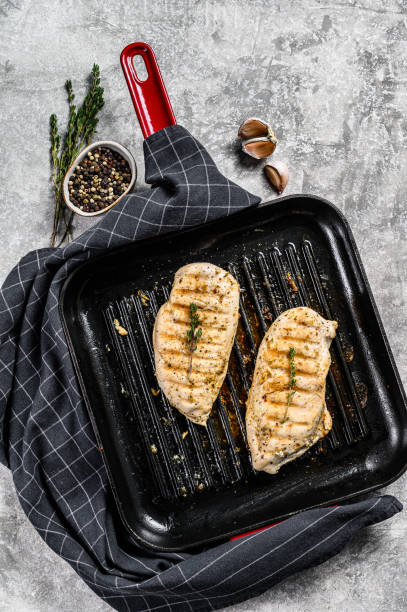 istock Grilled chicken fillet breasts on a cooking pan. gray background. Top view 1274180131