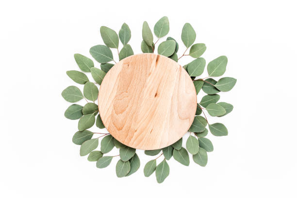 istock Wooden frame-plate, decorated with branches of eucalyptus leaves, isolated on white background 1274180626