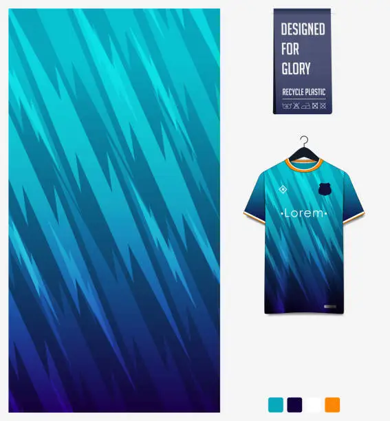 Vector illustration of Fabric pattern design. Thunder pattern on blue gradient background.Soccer jersey, football kit, baseball uniform or sports shirt. T-shirt mockup template. Abstract background. Vector.