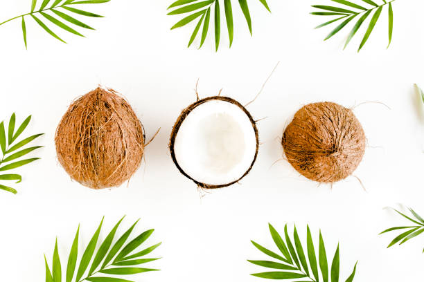 istock Pattern with coconuts and tropical palm leaves on white background. Tropical abstract background. Flat lay, top view 1274182755