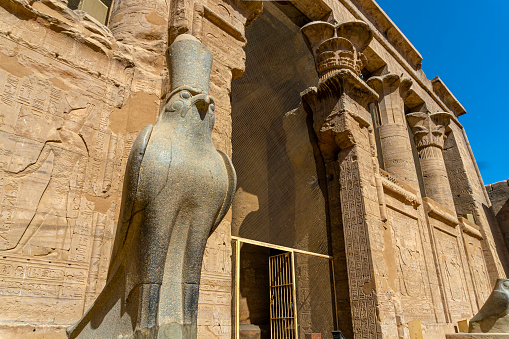 Horus hieroglyphic at the Temple of Edfu in Edfu, Egypt.