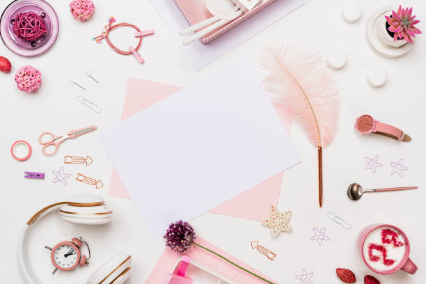 istock Flat lay desk composition in pastel pink tone 1274238325