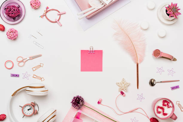 istock Woman workspace flat lay with paper sheet sticker 1274238401