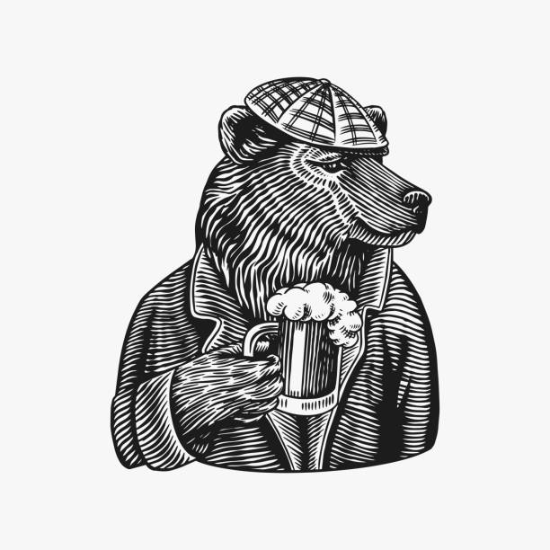 Grizzly Bear with a beer mug. Brewer with a glass cup. Fashion animal character. A wild beast in a newsboy s cap. Hand drawn sketch. Vector engraved illustration for emblem and tattoo or T-shirts Grizzly Bear with a beer mug. Brewer with a glass cup. Fashion animal character. A wild beast in a newsboy s cap. Hand drawn sketch. Vector engraved illustration for emblem and tattoo or T-shirts bear illustrations stock illustrations