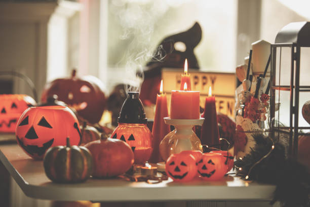 istock Front view of multicolor decorative Hallooween pumpkins and buckets 1274267742