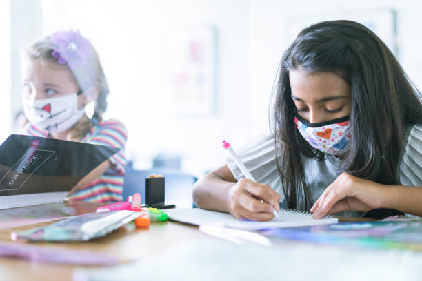 istock Multi-ethnic group of students with protective face masks in school classroom 1274272698