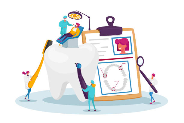 stockillustraties, clipart, cartoons en iconen met tandheelkundige gezondheidszorg, mondbehandelingsprogramma, check up concept. tiny doctor tandartsen tekens in medisch gewaad gebruik tools - tandenpoetsen vrouw