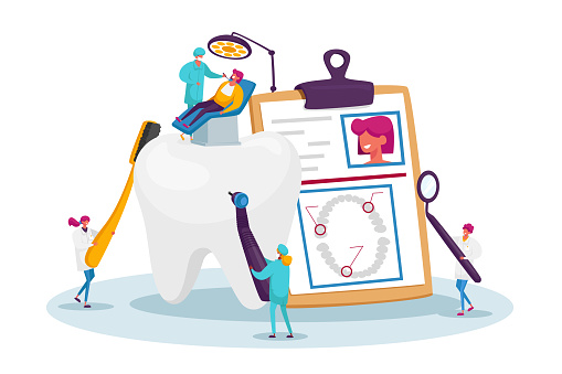 Dental Health Care, Oral Treatment Program, Check Up Concept. Tiny Doctor Dentists Characters in Medical Robe Cleaning, Drilling and Brushing Huge Tooth Using Tools. Cartoon People Vector Illustration