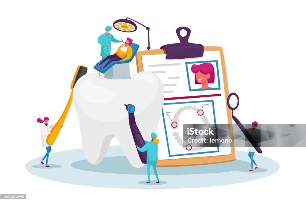 Dental Health Care, Oral Treatment Program, Check Up Concept. Tiny Doctor Dentists Characters in Medical Robe Use Tools Dental Health Care, Oral Treatment Program, Check Up Concept. Tiny Doctor Dentists Characters in Medical Robe Cleaning, Drilling and Brushing Huge Tooth Using Tools. Cartoon People Vector Illustration Dentist stock vector