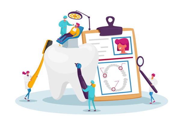 Dental Health Care, Oral Treatment Program, Check Up Concept. Tiny Doctor Dentists Characters in Medical Robe Use Tools Dental Health Care, Oral Treatment Program, Check Up Concept. Tiny Doctor Dentists Characters in Medical Robe Cleaning, Drilling and Brushing Huge Tooth Using Tools. Cartoon People Vector Illustration dentists office stock illustrations