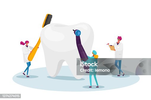 istock Tiny Dentists Characters Checking Huge Tooth for Caries Hole in Plaque. Doctors Hold Stomatology Tools Drill and Brush 1274274015