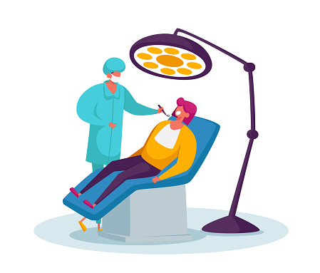Doctor Dentist Character Conducting Health Medical Check Up Treatment Looking at Patient Oral Cavity. Woman in Medical Chair in Stomatologist Cabinet with Equipment. Cartoon People Vector Illustration