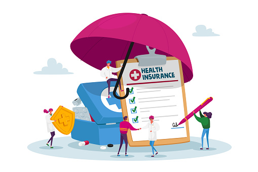 Tiny Characters under Huge Umbrella Fill Policy Document, Doctor Holding Protective Shield with Cross. People Signing Health Insurance, Medical Protection, Life Guarantee. Cartoon Vector Illustration