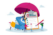 istock Tiny Characters under Huge Umbrella Fill Policy Document, Doctor Holding Golden Shield People Signing Health Insurance 1274274039