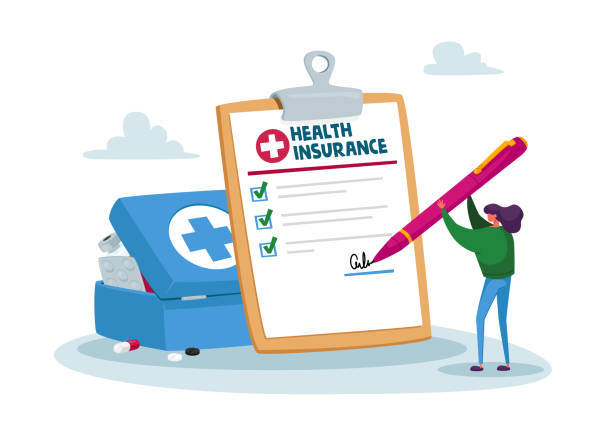 ilustrações de stock, clip art, desenhos animados e ícones de tiny client patient female character signing huge health care insurance policy paper document. life protection contract - insurance law insurance agent protection