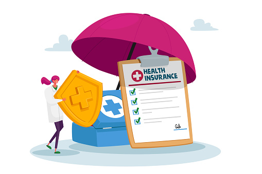 Health Insurance Concept. Tiny Doctor Character Holding Huge Golden Shield with Cross Stand under Umbrella. Life Protection, Secure and Financial Guarantee Contract. Cartoon Vector Illustration