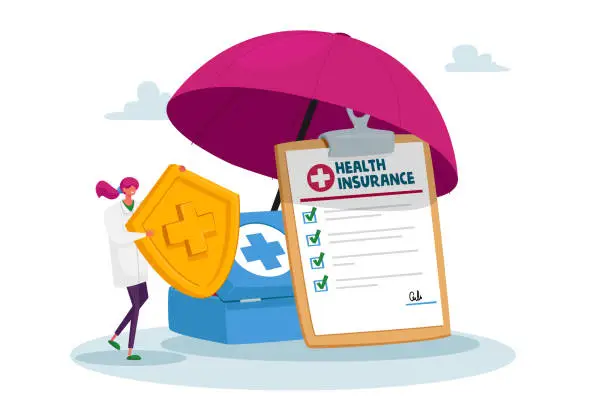 Vector illustration of Health Insurance Concept. Tiny Doctor Character Hold Huge Golden Shield with Cross Stand under Umbrella. Life Protection