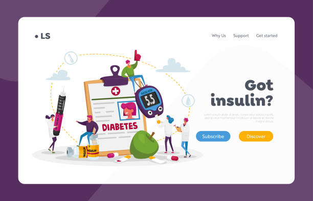 ilustrações de stock, clip art, desenhos animados e ícones de diabetes disease, high sugar level in blood landing page template. tiny characters with glucose meter and insulin pen - insulin diabetes pen injecting