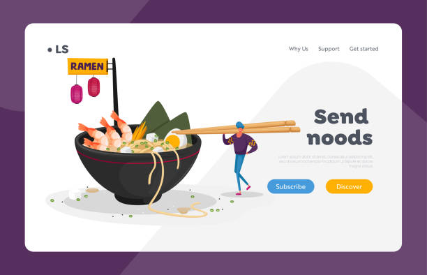Chinese Food Landing Page Template. Tiny Characters Bring Ingredients to Huge Bowl with Ramen Noodles. Asian Lunch Meal Chinese Food Landing Page Template. Tiny Characters Bring Ingredients to Huge Bowl with Ramen Noodles. Man and Woman in Asian Fastfood Restaurant Having Lunch Meal. Cartoon People Vector Illustration large pasta pot stock illustrations
