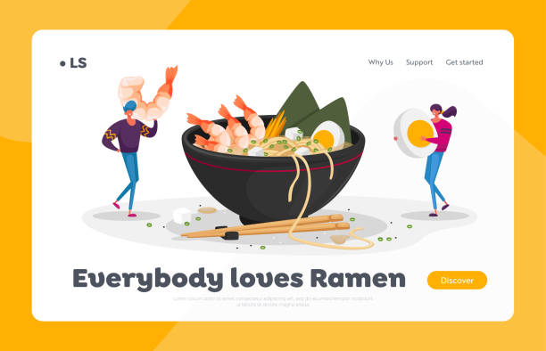 Chinese Food Landing Page Template. Tiny Characters Bring Ingredients to Huge Bowl with Ramen Noodles. Asian Restaurant Chinese Food Landing Page Template. Tiny Characters Bring Ingredients to Huge Bowl with Ramen Noodles. Man and Woman in Asian Fastfood Restaurant Having Lunch Meal. Cartoon People Vector Illustration large pasta pot stock illustrations