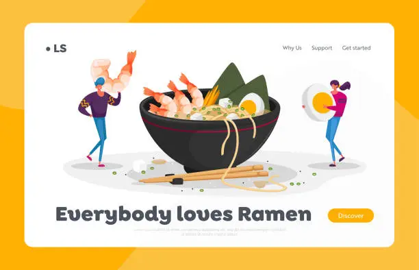 Vector illustration of Chinese Food Landing Page Template. Tiny Characters Bring Ingredients to Huge Bowl with Ramen Noodles. Asian Restaurant