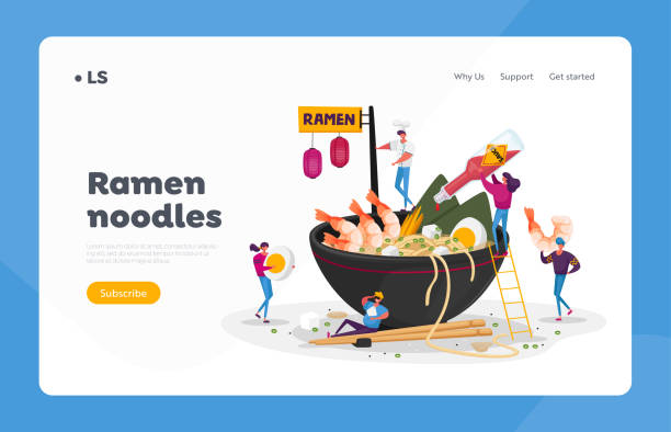 Asian Food Landing Page Template. Tiny Characters Cooking and Eating Ramen or Pasta, People Put Condiments in Huge Bowl Asian Food Cafe Landing Page Template. Tiny Characters Cooking and Eating Ramen or Pasta, People Put Condiments in Huge Bowl with Noodles, Shrimps and Eggs, Pour Sauce. Cartoon Vector Illustration large pasta pot stock illustrations