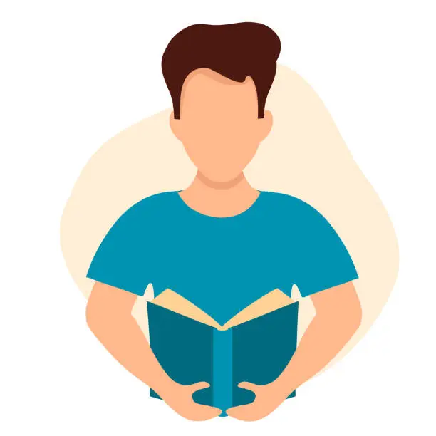 Vector illustration of Vector illustration of a man reading a book, studying. Infographic design, center illustration, benefits of reading, learning, exam preparation.Flat style illustration