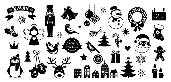 Flat Christmas icons, element for patterns, cards, apps stickers, vector background. Vector illustration