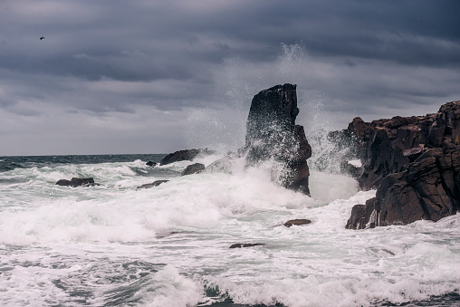 storm waves splashing at coastal rocks in Bulgarian coastline
