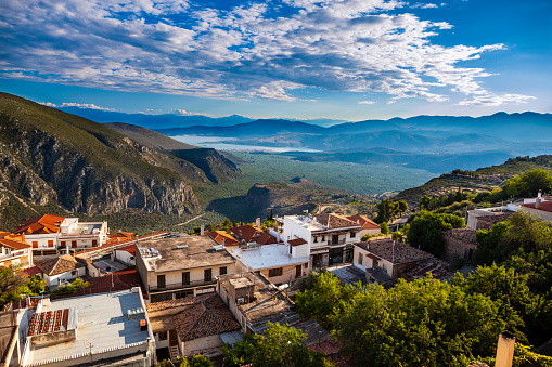 The view of part of the city of Delphi in Greece.
