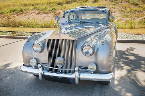 Westlake, United States - October 19, 2019: Front view of a vintage 1956 Rolls Royce Silver Cloud Series 1 classic car.