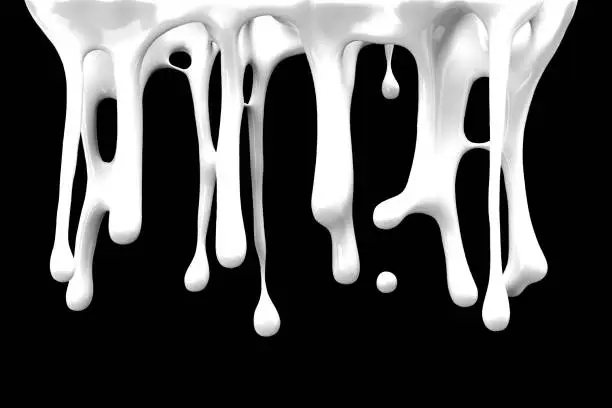 Photo of Close up White Milk Dripped falling on black color background. 3D Render.