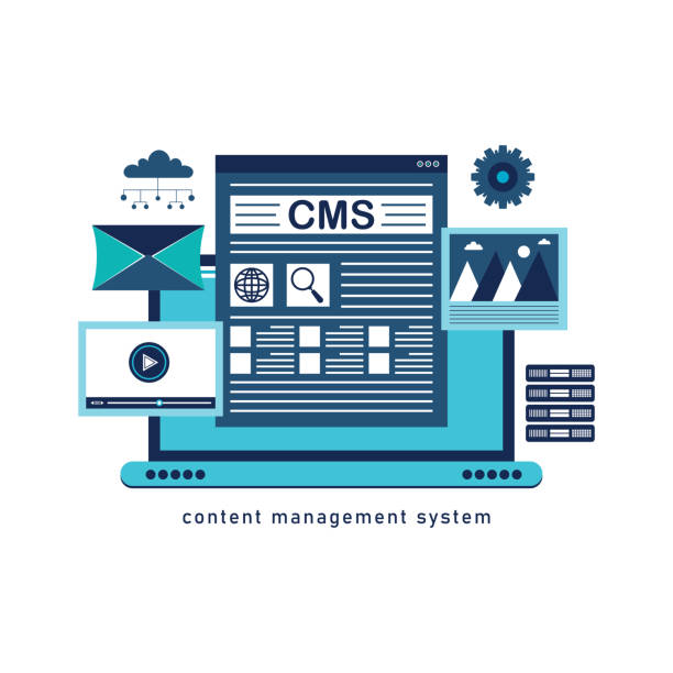 business banner - content management systemkonzept - search engine marketing white background internet stock-grafiken, -clipart, -cartoons und -symbole