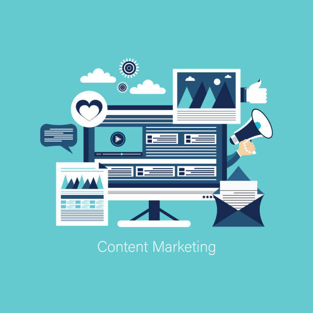 ilustrações de stock, clip art, desenhos animados e ícones de content marketing concept in flat style - content sharing backgrounds computer icon