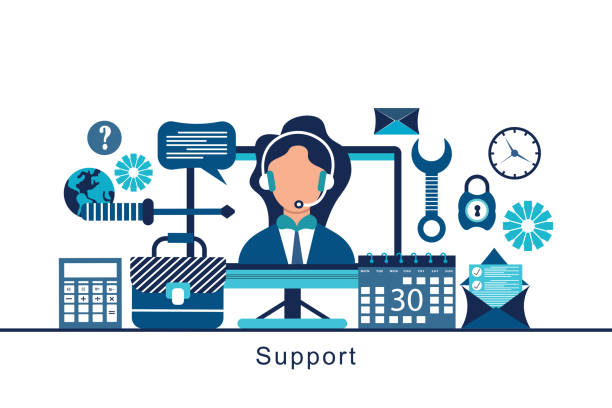 고객 지원. 컴퓨터에서 헤드셋을 장착한 콜센터 연산자 - customer service representative white background support customer stock illustrations