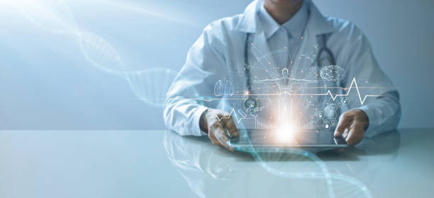 Medicine doctor holding electronic medical record on tablet. DNA. Digital healthcare and network connection on hologram virtual  interface, Science and innovative, Medical technology and network concept Medicine doctor holding electronic medical record on tablet. DNA. Digital healthcare and network connection on hologram virtual  interface, Science and innovative, Medical technology and network concept medical technology stock pictures, royalty-free photos & images
