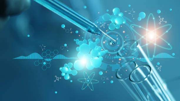 과학자들은 실험실, 의학 및 생명 공학, 3d 렌더링에서 분자 모델, dna, 분자 및 원자와 과학 배경 실험 및 연구. - chromosome biotechnology laboratory tube 뉴스 사진 이미지
