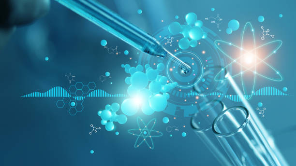 Scientists are experimenting and research with molecule model, DNA, Science background with molecules and atoms in the laboratory, Medical science and biotechnology, 3D render.