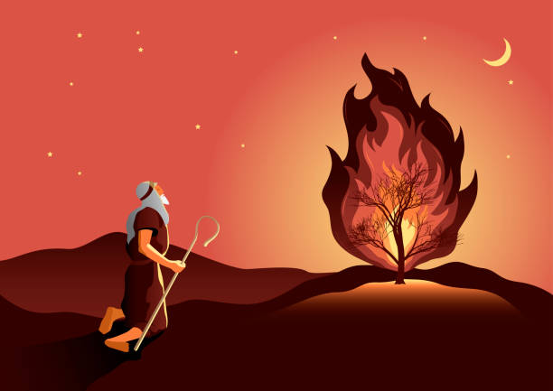 Moses And The Burning Bush Stock Illustration - Download Image Now - Moses  - Religious Figure, Bush, Fire - Natural Phenomenon - iStock
