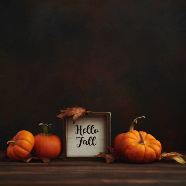 istock Thanksgiving Fall Still Life with Pumpkins Leaves and Happy Fall Sign in Rustic Setting 1274400598
