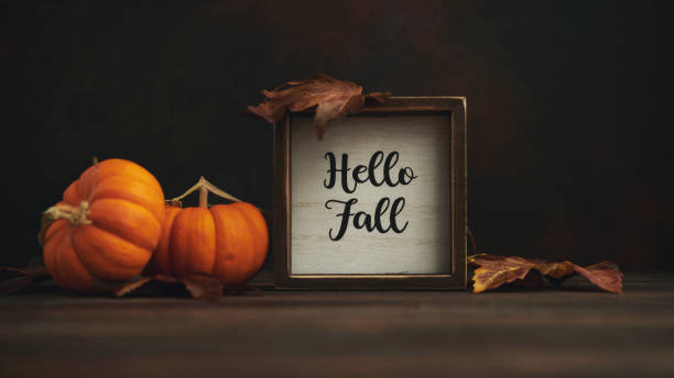 istock Thanksgiving Fall Still Life with Pumpkins Leaves and Happy Fall Sign in Rustic Setting 1274400657