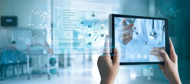 Virtual doctor concept, The patient holds a tablet. Consult and receive advice and analysis health from doctor online on virtual interface. Virtual hospital and online therapy. Virtual doctor concept, The patient holds a tablet. Consult and receive advice and analysis health from doctor online on virtual interface. Virtual hospital and online therapy. health technology photos stock pictures, royalty-free photos & images