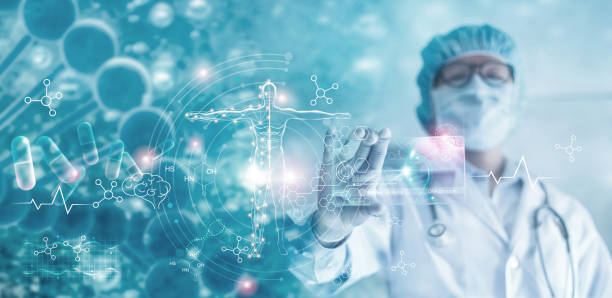 medizin arzt hält hologramm virtuelle schnittstelle elektronische krankenakte. dna. analyse digitale gesundheitsversorgung auf netzwerk-verbindung medizintechnik, innovativ und futuristisch. - medicine and science stock-fotos und bilder