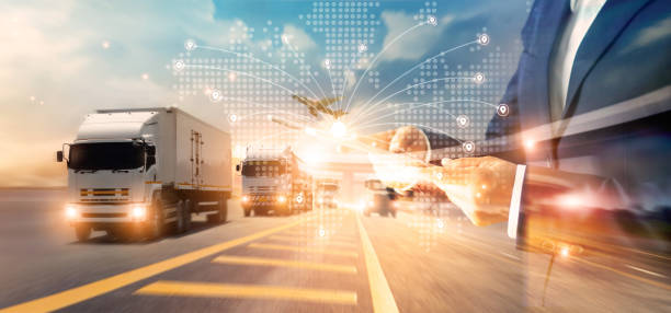 istock Transport and logistic concept, Freight shipping online, Businessman using tablet and data for global logistic network distribution on world map background, Business and technology. 1274407903