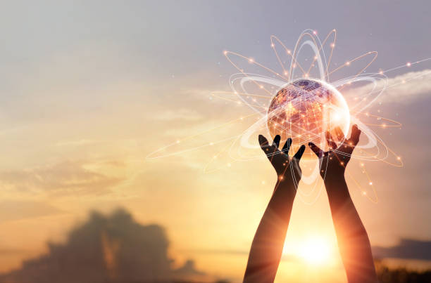 istock Man hands holding global network and data customer connection, Abstract science, on nature background. Elements of this image furnished by NASA 1274428239